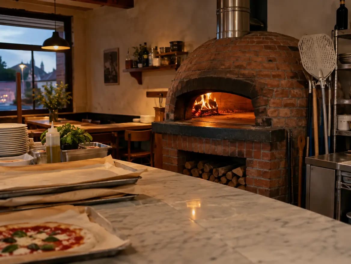 Interiér pizzerie s pecí