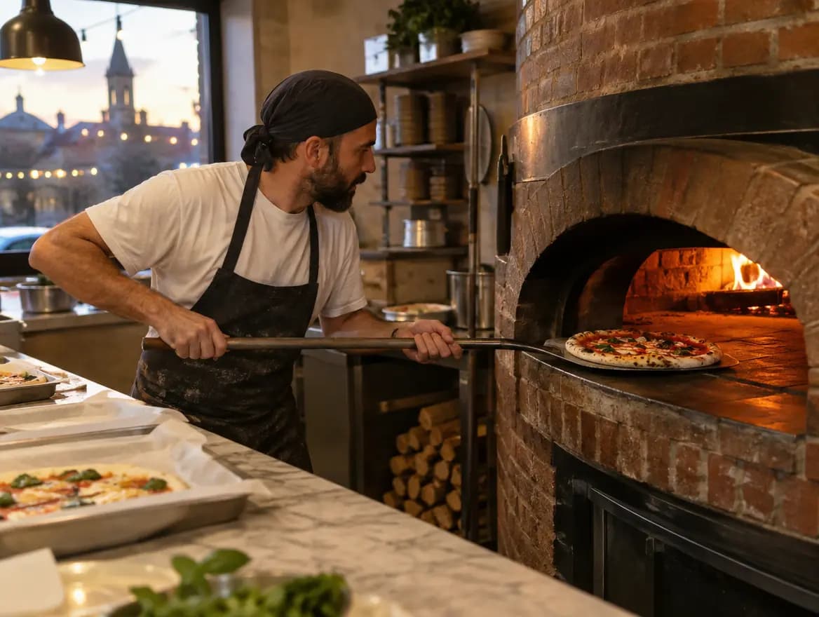 Kuchař přesouvá pizzu lopatou do pece